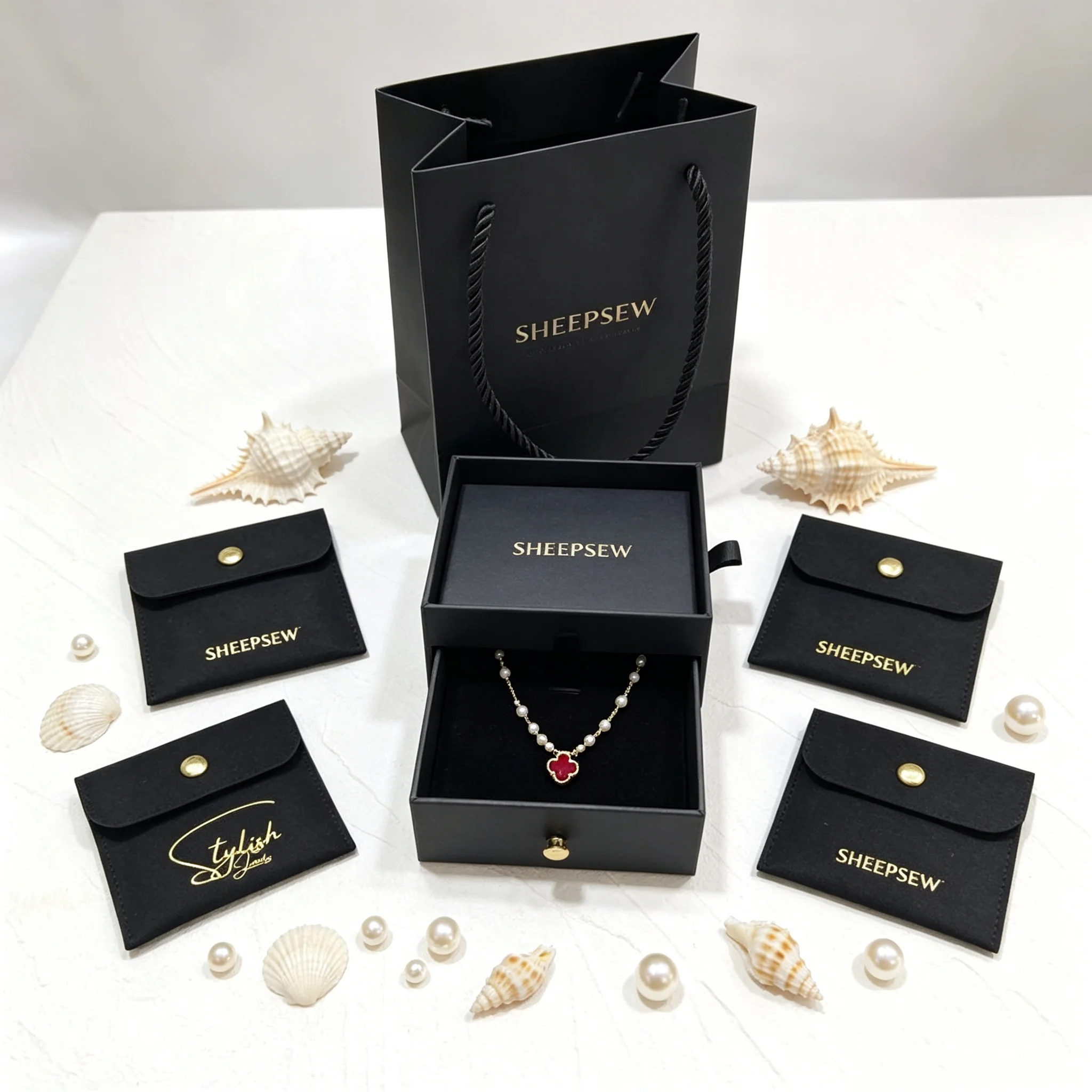 SheepSew Luxury Drawer Cardboard Jewelry Gift Box Set Custom Hot Stamped Logo With Storage Tote Bag For Necklace Bracelet Earrin