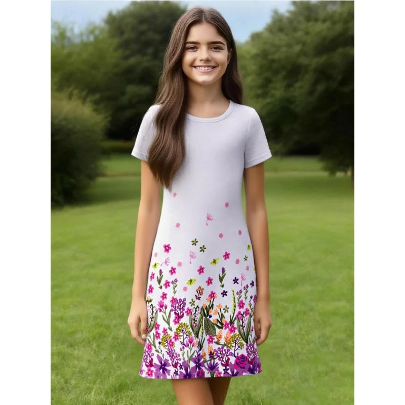 

2025 Girls Short Sleeve Dress - Boho Floral Gradient Print Casual Sundress for Kids, Cute Everyday Wear Summer Dress