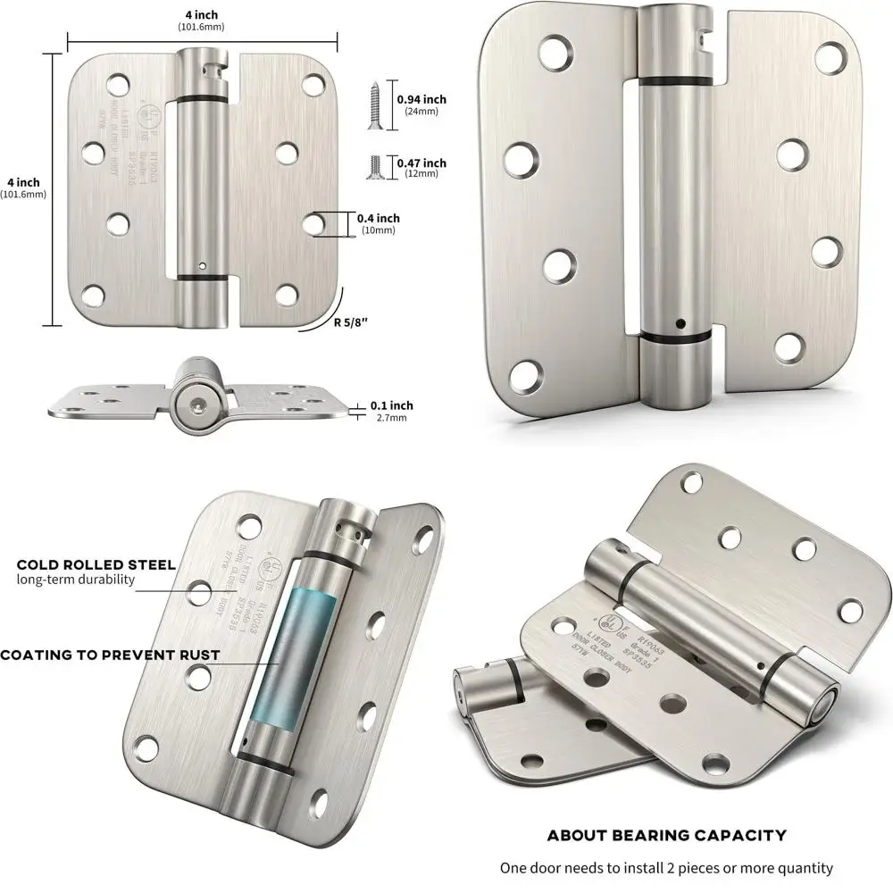 

4-дюймовые самозакрывающиеся петли из матового никеля с радиусом 5/8 дюйма, регулируемым натяжением для дверей