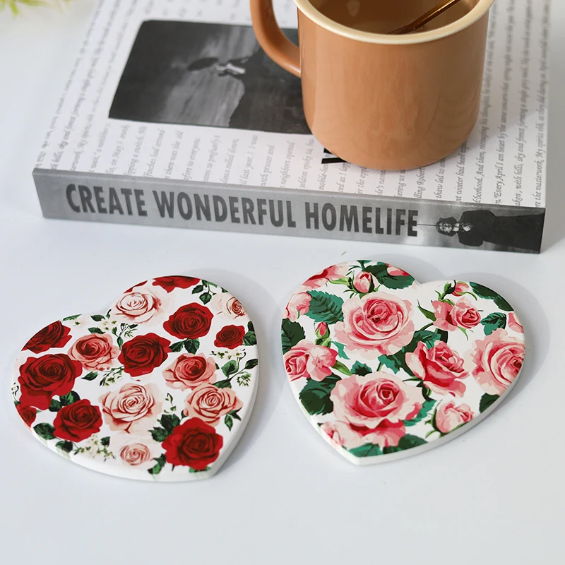 1/2PCS Love Ceramic Coaster Cork Non-Slip Valentine's Day Rose Heart Anti Slip and Heat Insulation Coffee Cup Mats Drinkware