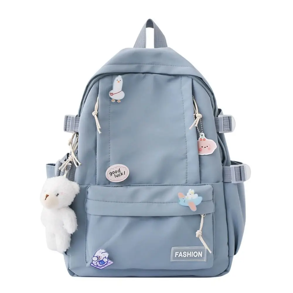 

Cute Bear Pendant Solid Color Backpack Badge Large Capacity Students School Bag Korean Style Travel Bag Shoulder Bag School