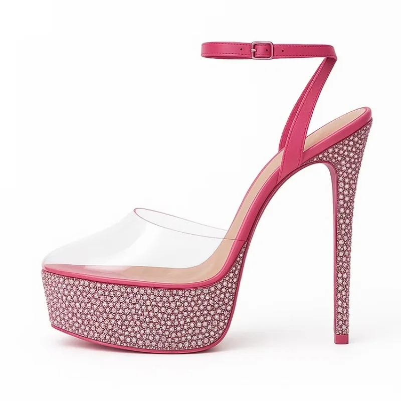 

Европейские и американские модные туфли на высоком каблуке, туфли на толстой подошве, женские туфли с острым носком, декорированные стразами и пряжкой из ПВХ.