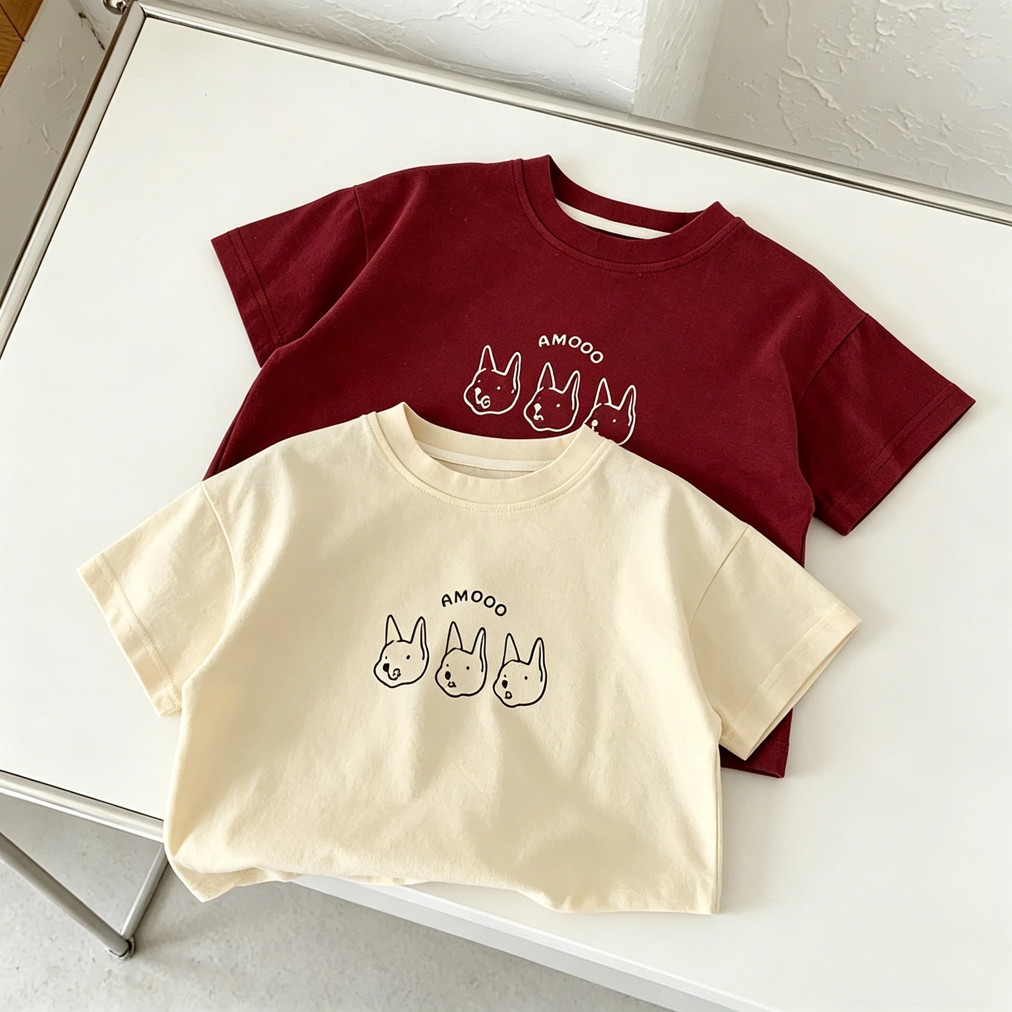 Kids Cute Three Puppy Print Short Sleeve T Shirt Summer Casual Cotton Tee For Boys And Girls Trendy Minimalist Dog Pattern Wear