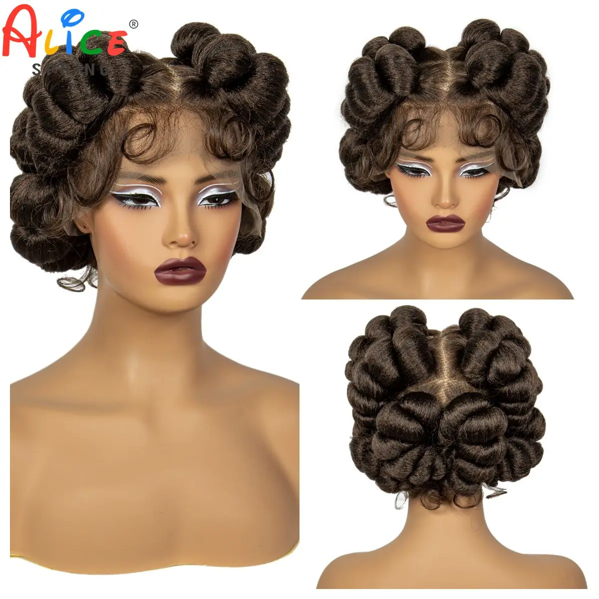 

1B-30 Ombre Brown Handmade Bantu Braided Wigs with Baby Hair Short Synthetic Full Lace Knotless Braided Lace Wig For Black Women