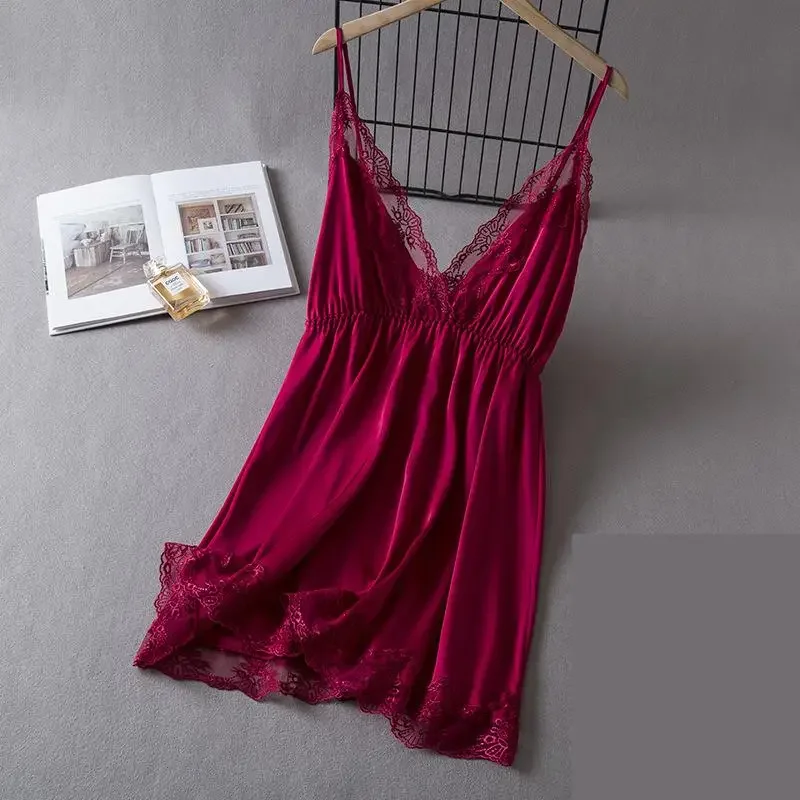 Summer Women Lace Sleepwear Nightgown Sexy Strap Nightdress Gown Lingerie Female Silky Satin Nightwear Home Dress Loungewear