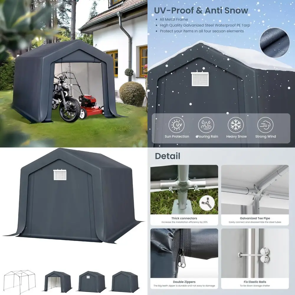 

Уличный портативный сарай для хранения вещей 8x12x7,3 фута для гаража с закатанными дверцами на молнии для мотоциклов и велосипедов