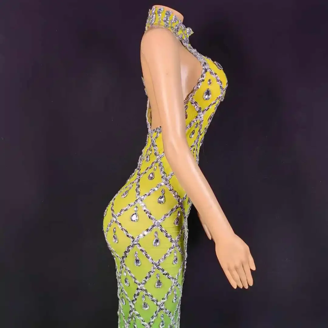 Seksowna długa sukienka bez rękawów dla kobiet, wysoki kołnierz, kryształy, cyrkonie, elastyczna, dla piosenkarki, klubowa, balowa, bogini, błyszcząca, urodzinowa królowa.
