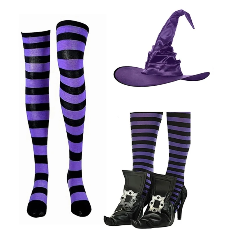 634C Cappello da strega Copriscarpe da strega Set calze a righe per cosplay Halloween da donna