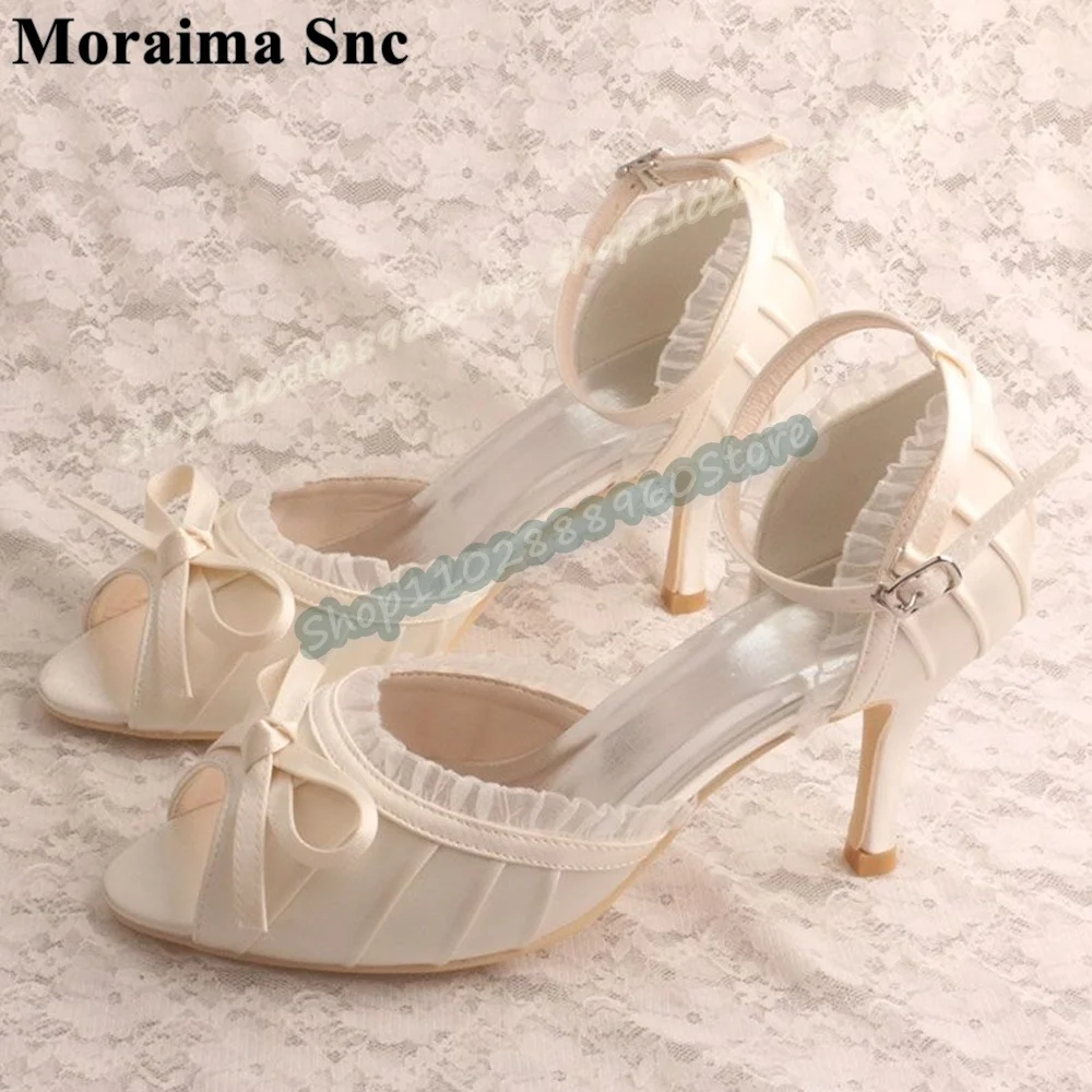 

White Satin Bowknot Ruffles Wedding Sandals Thin High Heel Shoes For Women Ankle Buckle Strap Peep Toe Banquet Stylish Sandals