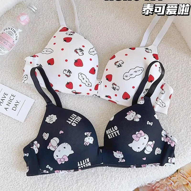 Sanrio Hello Kitty Women Underwear Sexy Bra Panty Set Cartoon No Wire Push Up Underwear Female\'s Breathable Gathered Bra Gifts