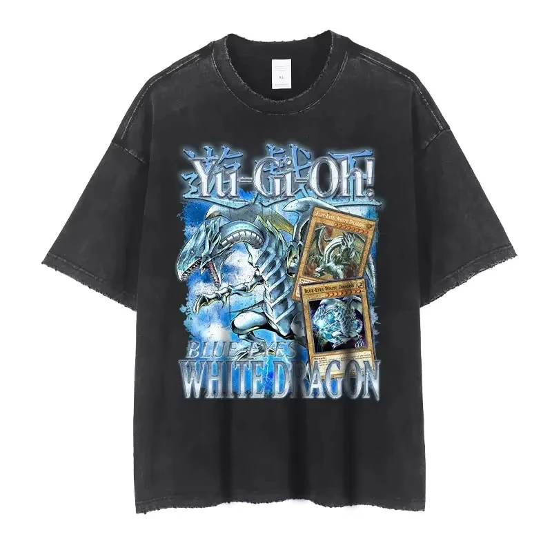 Camisetas de Anime Yu-Gi-Oh! Estilo Vintage Lavado, Camiseta de Dark Magician Girl, Ropa Urbana Retro, Manga Negra, Camisetas de Manga Corta