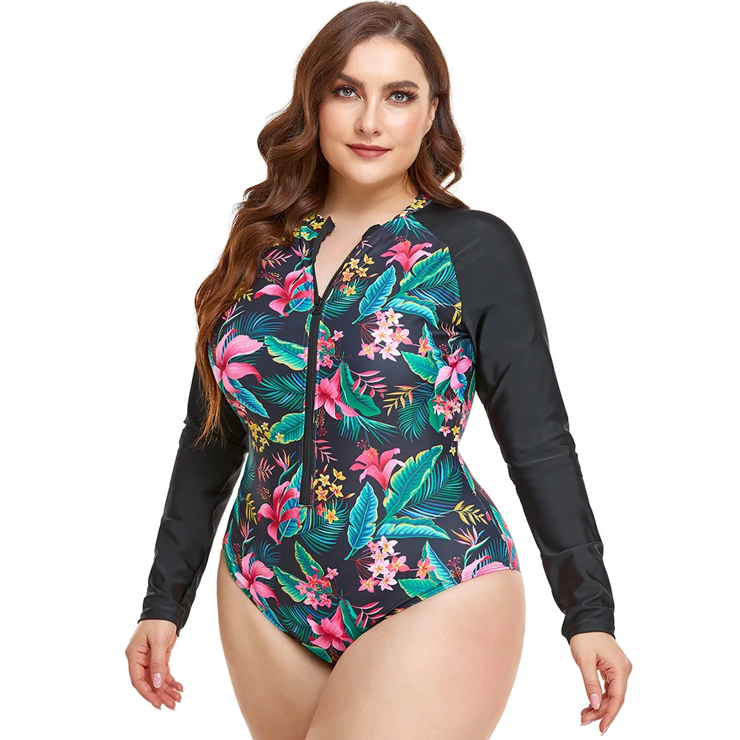 Printed fashionable long-sleeved zipper swimsuits summer plus-size bikini swimsuits beach one-piece tight-fitting swimsuits