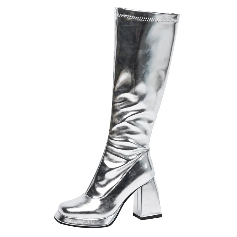 Silver Knee High Platform Boots Women Thick Heels Gold Metallic PU Party Show Ladies Shiny Square Toe Zipper Pleated Long Boots