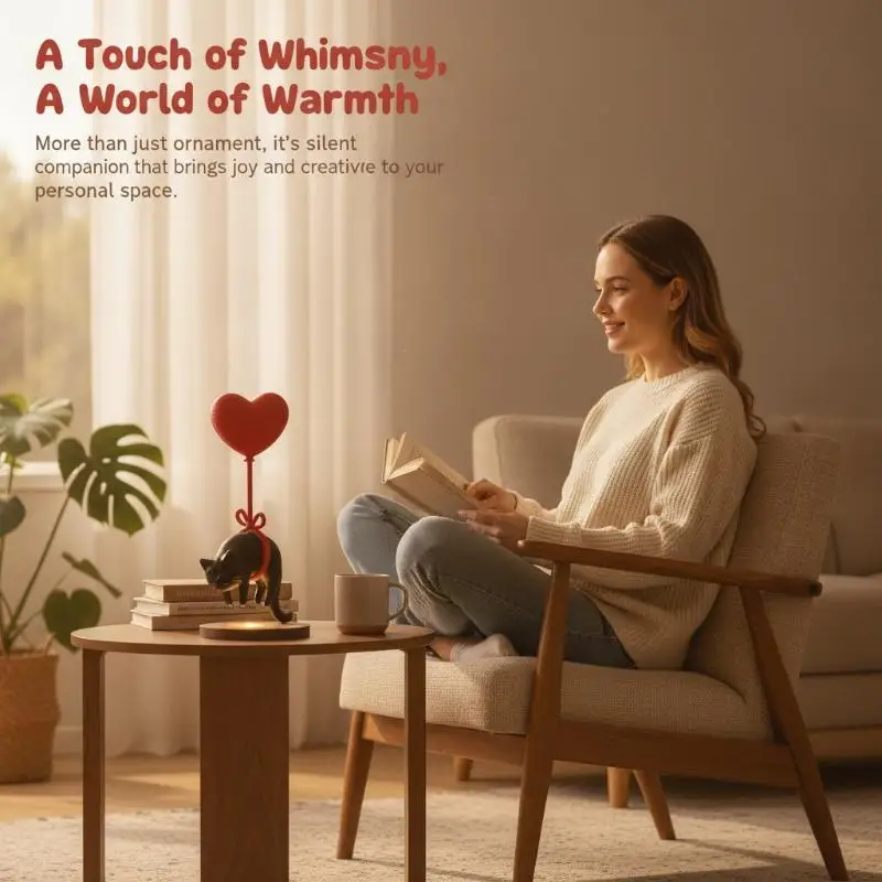 1Pcs Home Bookshelf Bedside Table Ornament: Cute Floating Cat Statue Heart Shaped Balloon Romantic Desk Gift