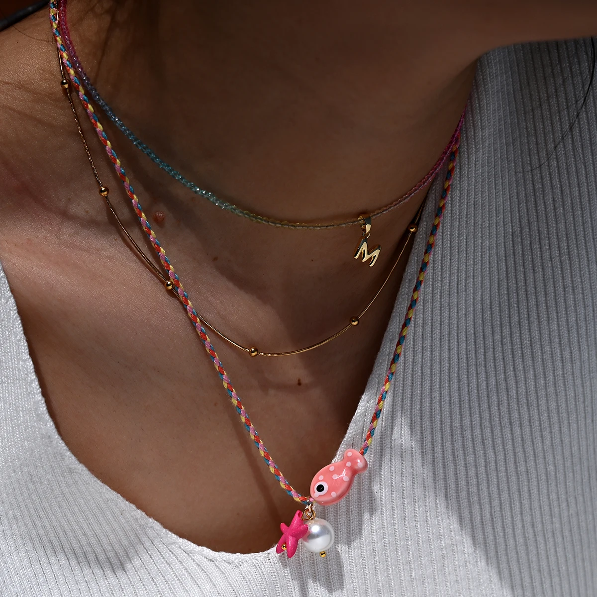 Colorful Bohemian Ceramic Fish Pendant Necklace for Women Adjustable Multicolored Rope Choker, Perfect for Summer Beach Vacation
