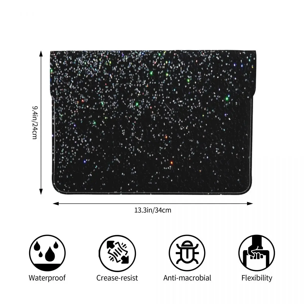 Black Silver Glitter PU Leather Horizontal Laptop Sleeve Shockproof Soft Lining Notebook Case 13 Inch