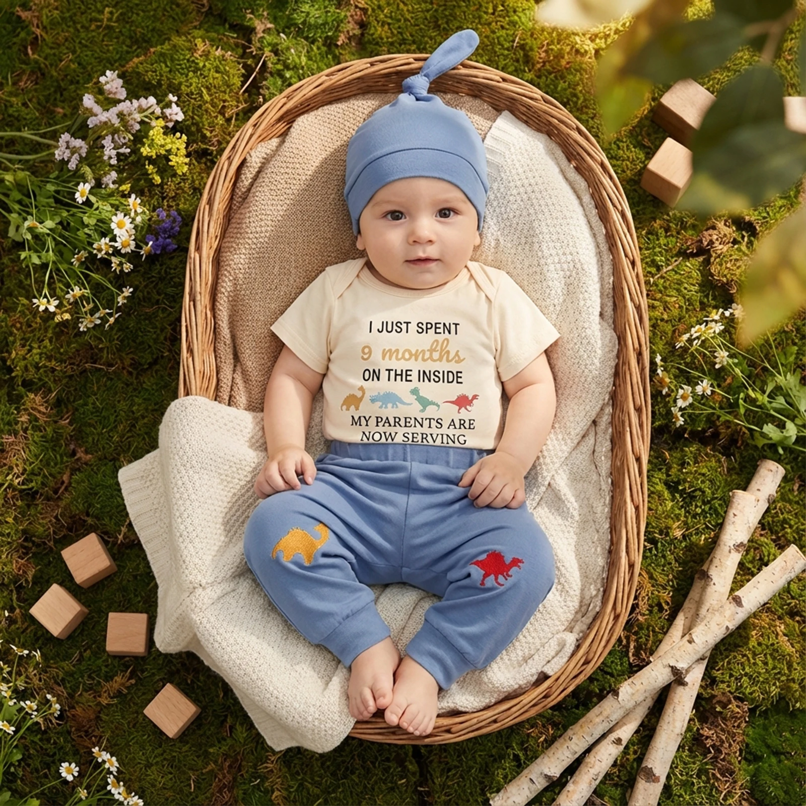 

Baby Boys 3PCS Outfit Short Sleeve Crew Neck Letter Dinosaur Print Romper Dinosaur Embroidery Pants Hat Sets