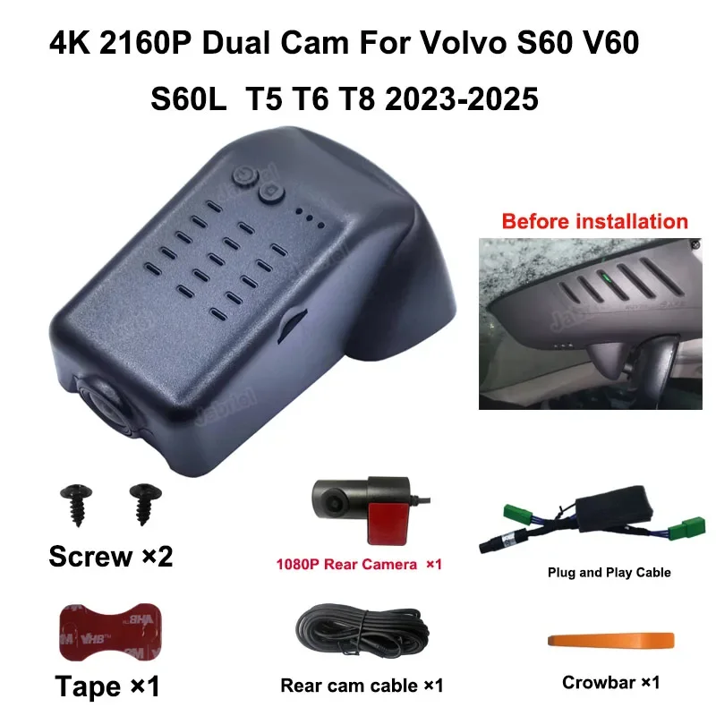 Voor Volvo S60 V60 S60 LT5 T6 T8 2010 2011 2012 2013 2024 2015 2016 2017-2020 2021 2022 2023 2024 2025 4K Wifi Auto DVR Dash Cam