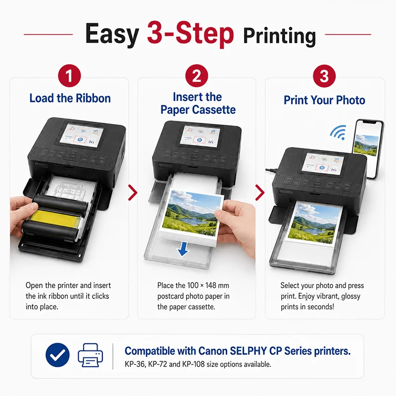 KP-108 KP-36 Ink Paper Set Compatible for Canon Selphy CP1500 CP1300 CP1200 CP1000 Photo Printer, 4x6 100x148mm 36/72/108 Sheets view 3