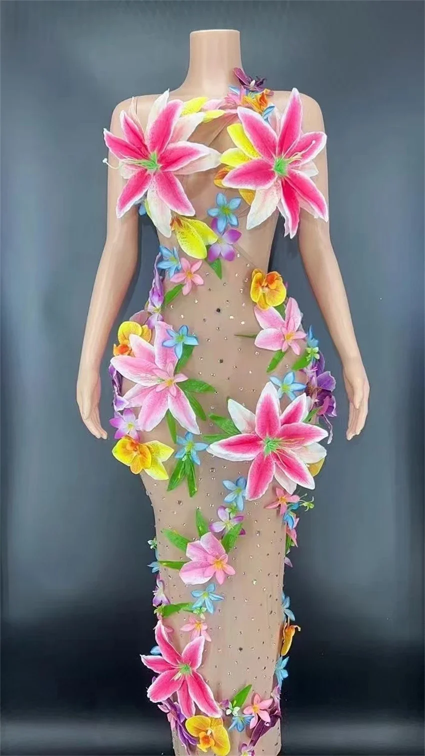 Colorful Flowers Summer Bikini Set Women See Through Party Vegas Showgirl Costume Ballroom Dance Drag Queen Rave Festival Outfit