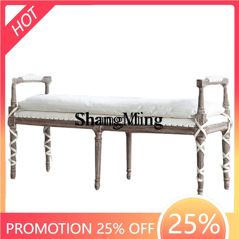 

ZYY household high value solid wood light retro old bedside fabric bench bedroom simple log shoes changing stool