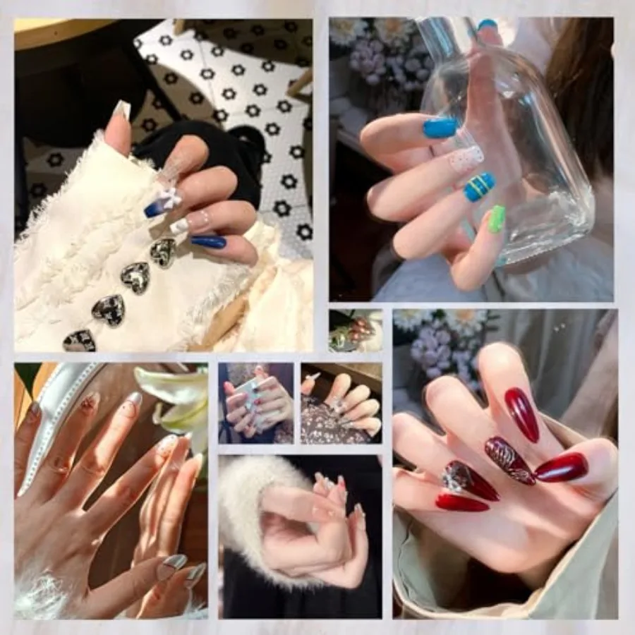 3Dアーモンド型プレスオンネイル ロングアーモンドフェイクネイル フレンチグラデーションデザイン レディース ガールズ ミドルブラックプレスオンネイル