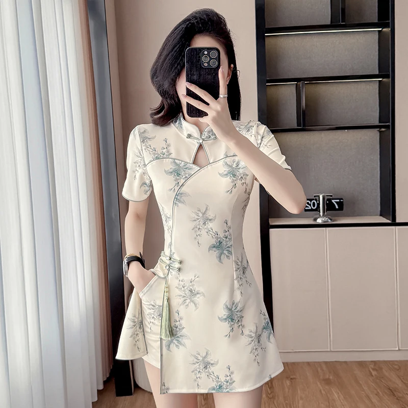 

Elegant Women's New Chinese Style Stand Collar Cheongsam Dress Set with Shorts & Fringed Two-Piece Outfit Lady Fashion