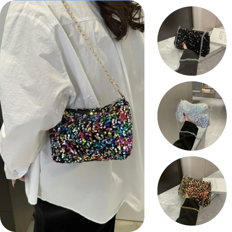 Sequins Crossbody Chain Bag Simple INS Solid Color Sequins Shoulder Bag Underarm Bag Phone Purse Evening Clutch Girl Bag