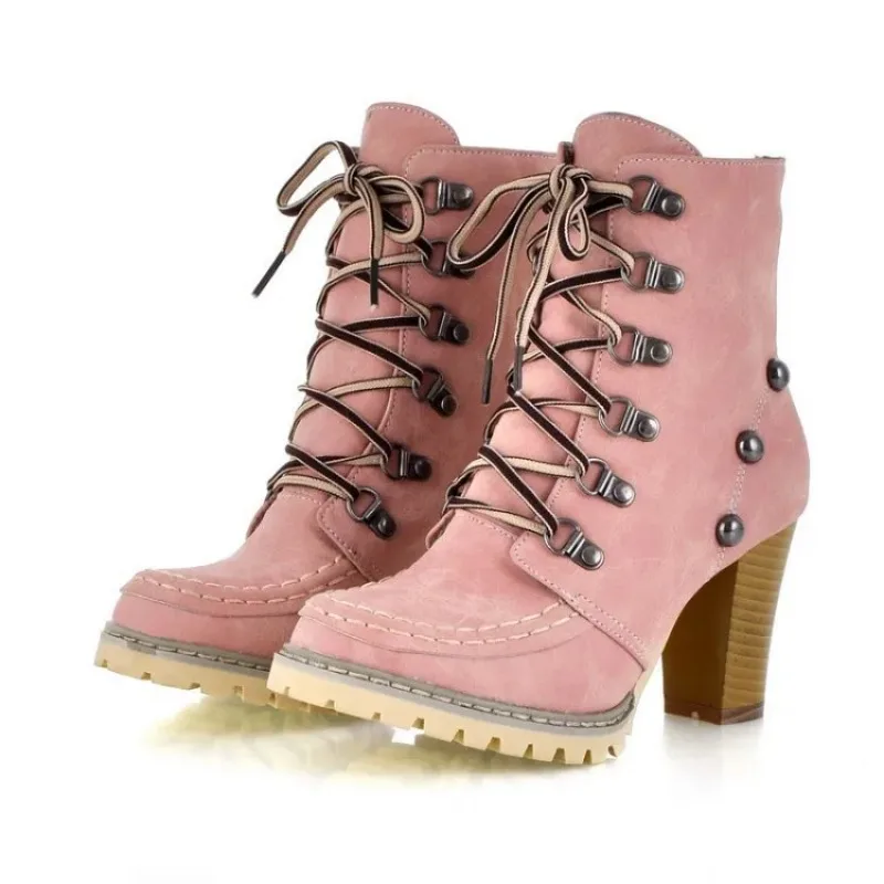 

Women Boots High Heels Lace Up Female Shoes Round Toe Luxury Designer Rivets Stiletto Large Size Rock Rubber Mid Calf Ladies Mid