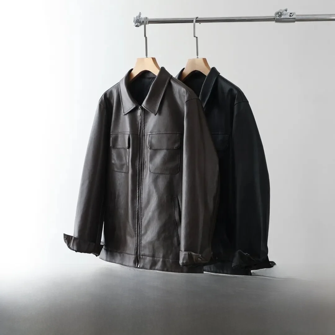 

Casual Men's Leather Jaet Stand Collar Workwear Sle Polyester Fiber Long Sve Zipper Closure Stand Fit Autumn Coat