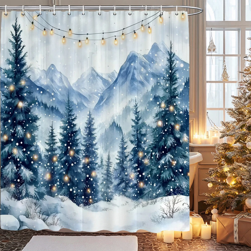 

Christmas Shower Curtain, Bathroom Shower Curtain, Printed Christmas Tree Curtain for Home Holiday Decoration With Hooks