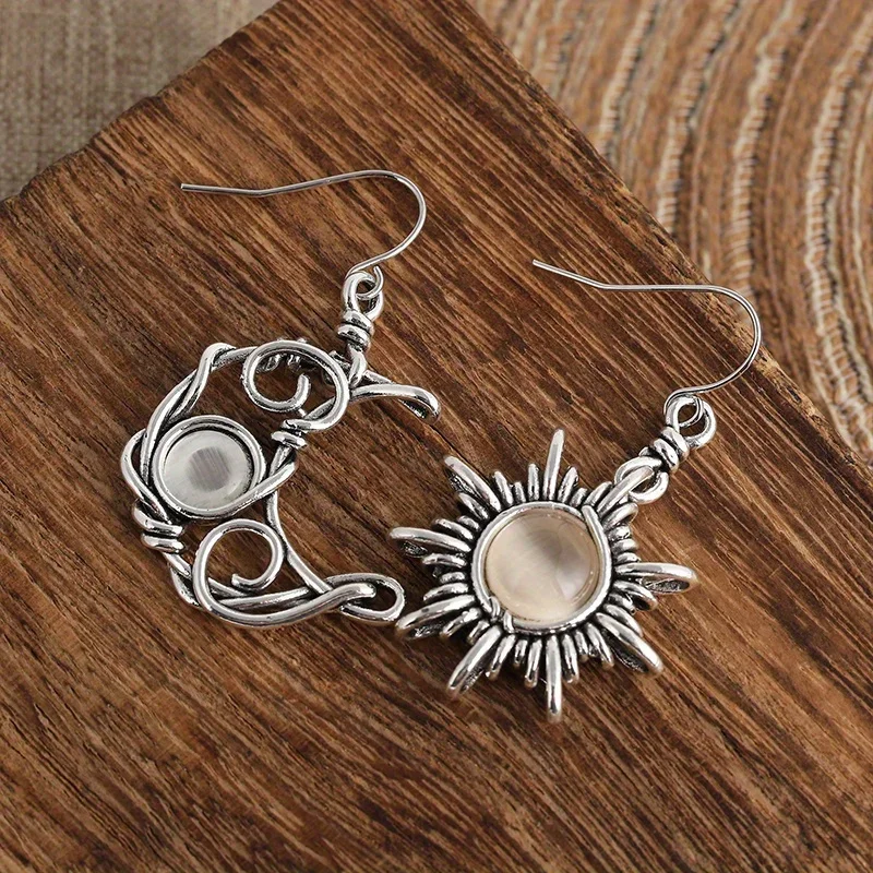 Personality Silver Plated Sun Moon Pattern Dangle Earrings For Women Creative Asymmetric Design Earrings Punk Gothic Jewelry
