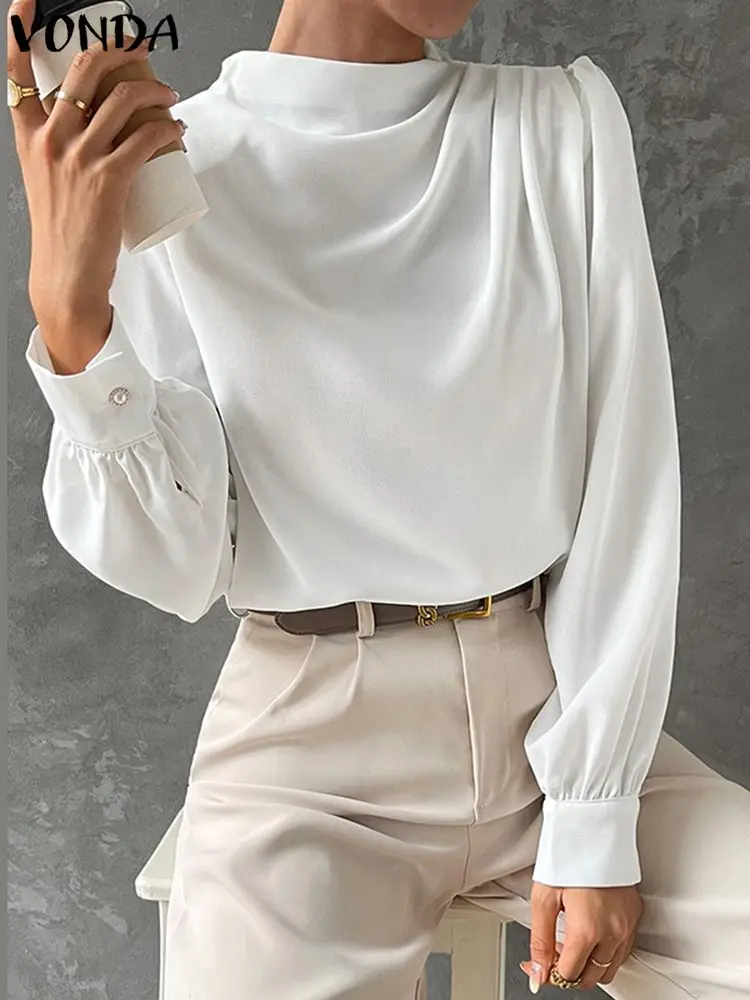 VONDA Office Work Wear Ruffled Shirts Women Elegant Long Lantern Sleeve Tops Stand Collar Solid Color Commuting Blouse