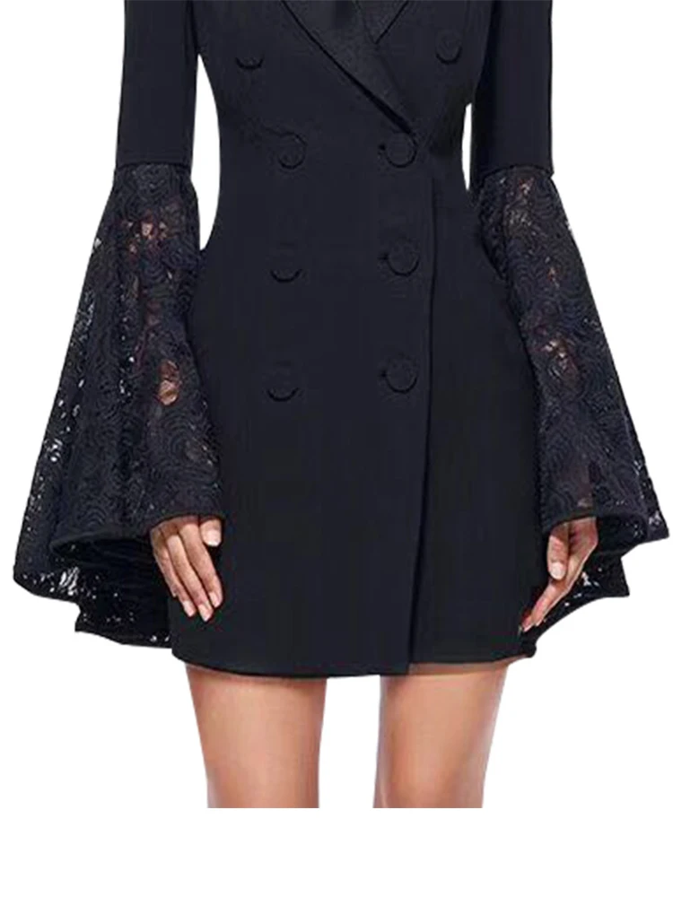 Suninheart 2023 New Women\'s Black Fashion Lace Stitching Long-sleeved Trumpet Sleeve Jacket Small Suit Female Design Sense Suit