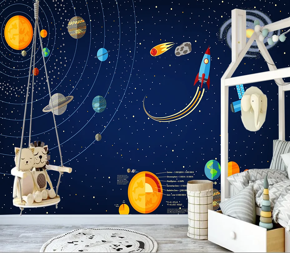 Custom cartoon murals hand-painted space planet photos wallpaper living room bedroom background wall wallpaper