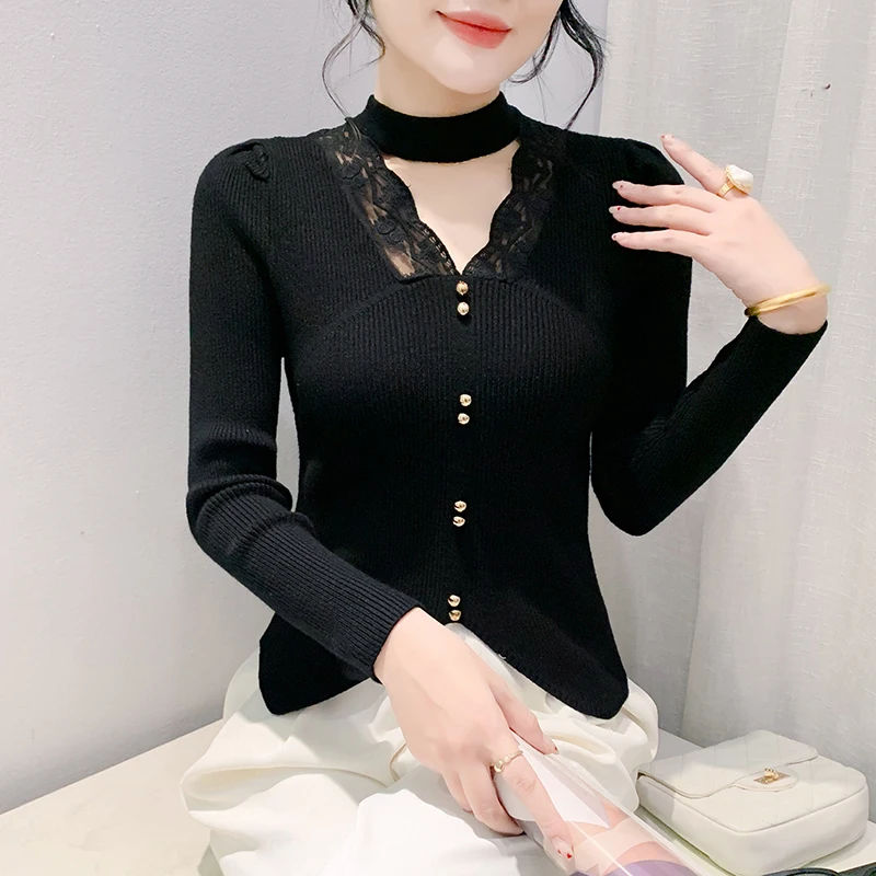 #4322 Black Red Beige Short Sweater Women Hollow Out Sexy Irregular Knitted Pullover Sweater Female Split Joint Lace Hollow Out