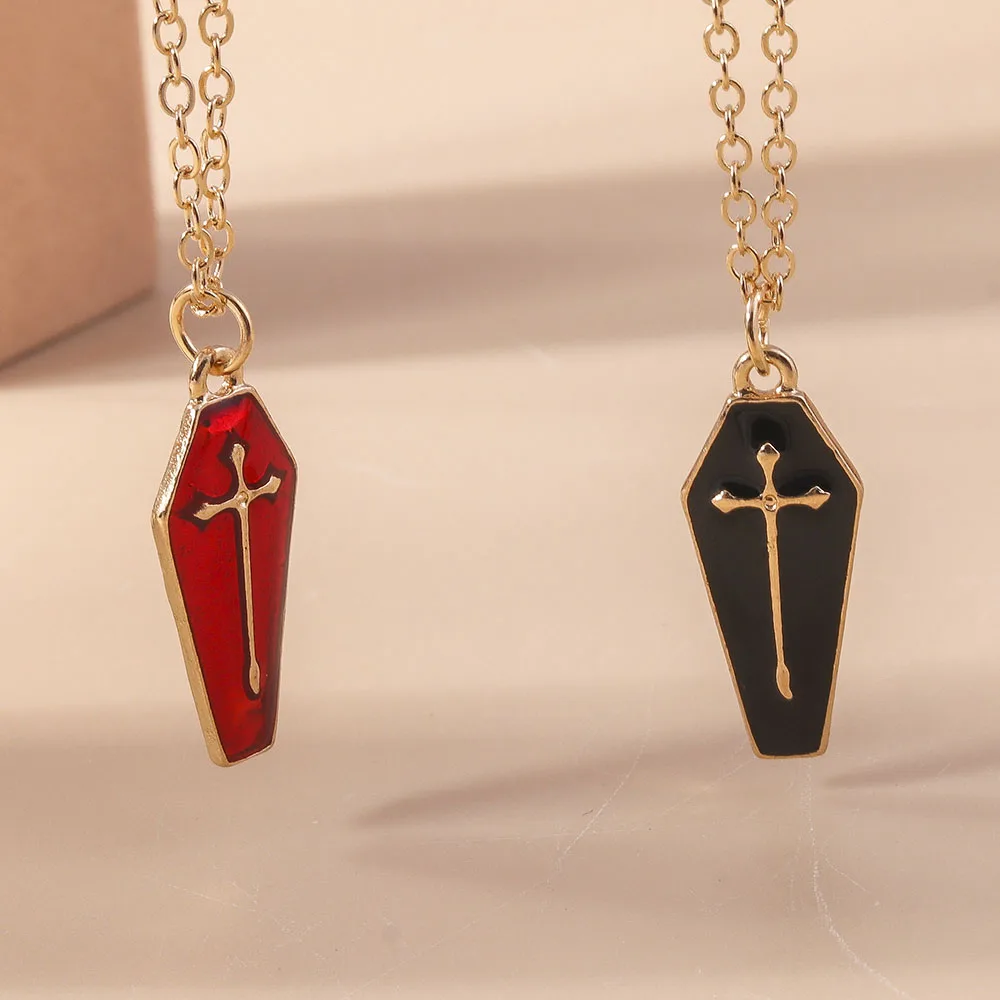 Aihua Nette Emaille Halloween Vampire Kreuz Sarg Freundschaft Paar Halsketten Für Frauen Männer BFF Beste Freundin Halsketten Schmuck – Detail 1