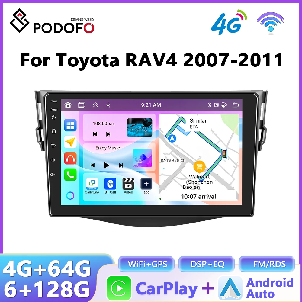 Autoradio Podofo sans fil CarPlay Android Auto pour Toyota RAV4 2007-2011, lecteur multimédia 2Din, système GPS intelligent