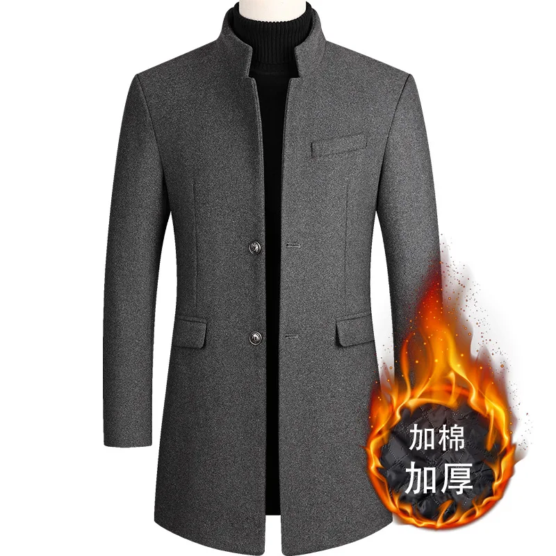 Autumn and Winter Men Woolen Coat Medium and Long Trench Coat Cotton Thickened Mens Woolen Trench Coat