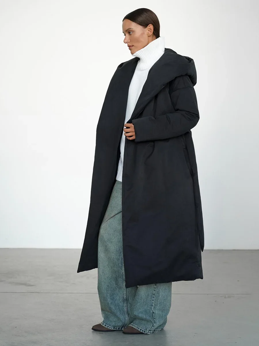 European and American Winter Simple Casual Comfortable Loose Strap Hooded Long Cotton Jacket for Women