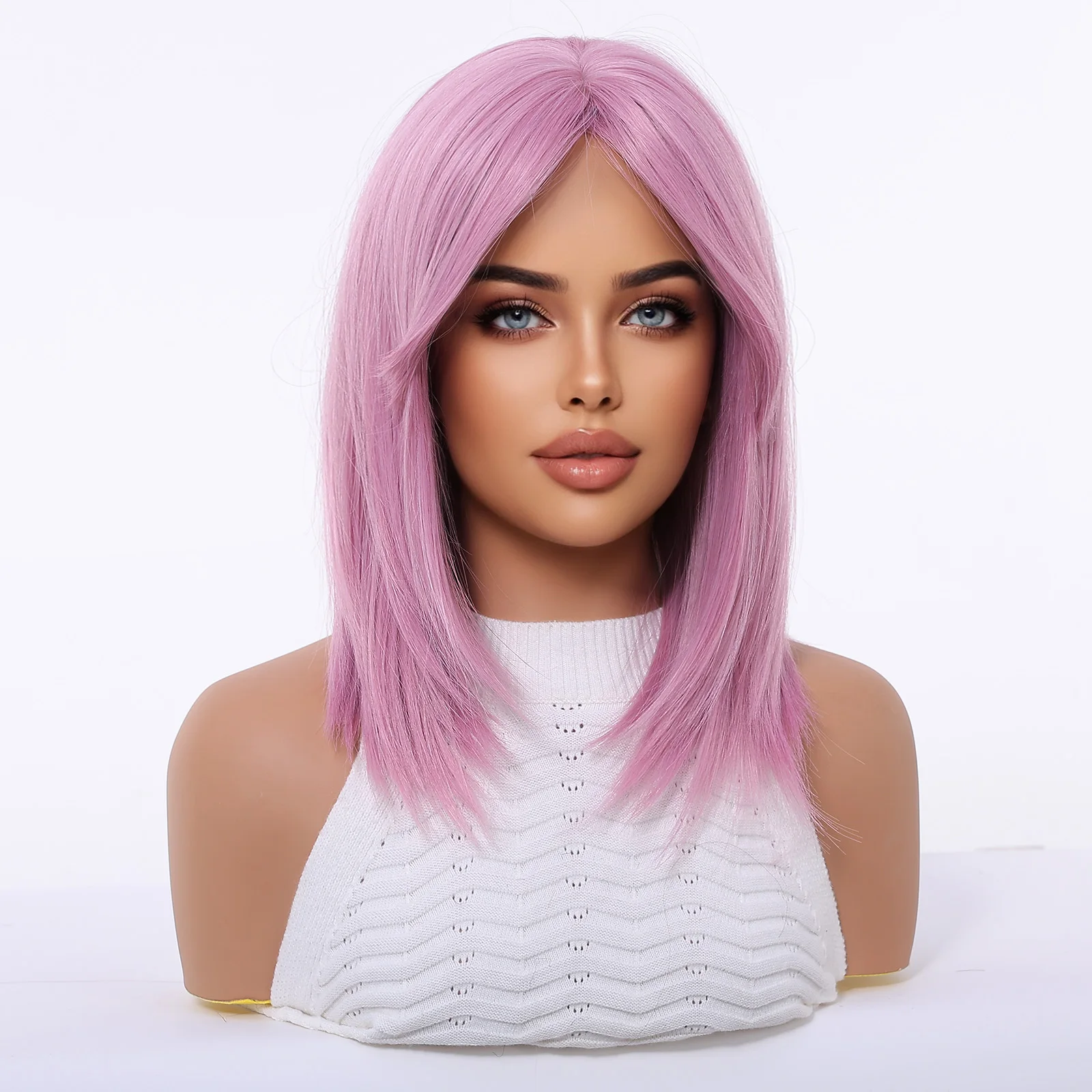 Ashely 肩の長さのピンクのレイヤード合成ウィッグ 女性用 14 インチ ショート ストレート 女性用ウィッグ カーテン前髪付き 耐熱性