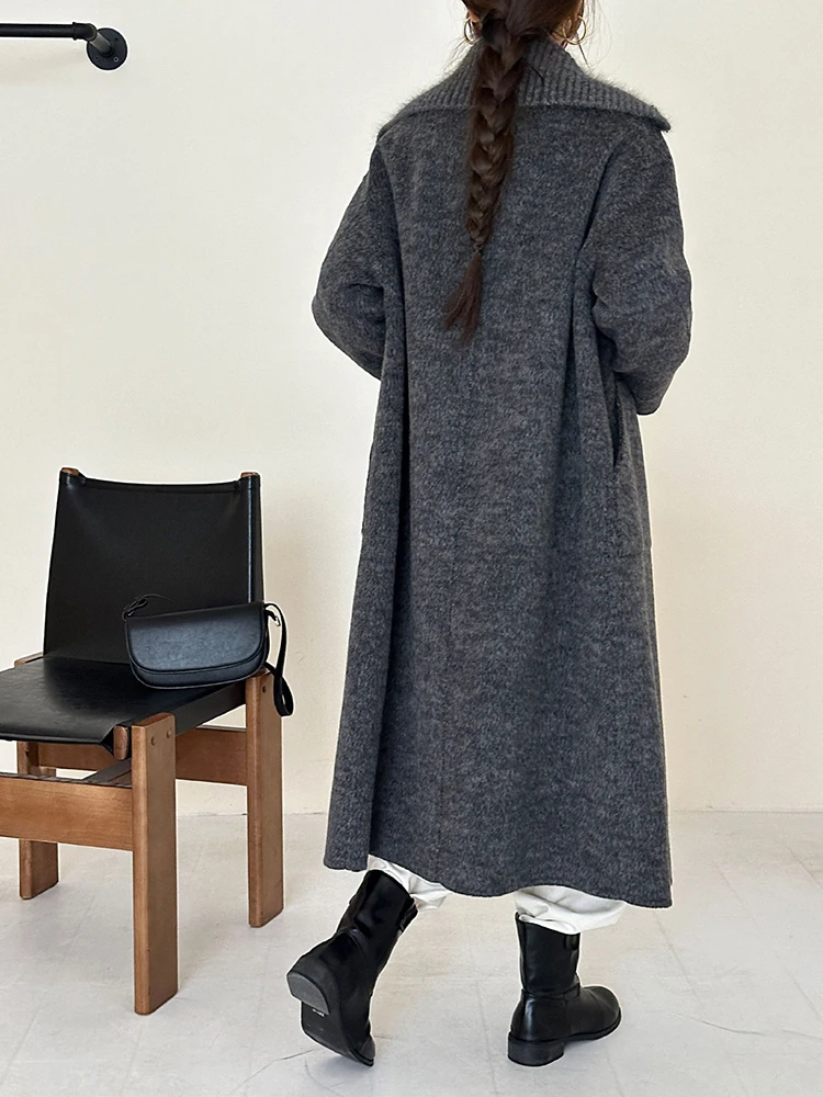 YERMORA gris épissé tricot revers décontracté manteau de laine pour les femmes à manches longues en vrac nouveau pardessus mode marée automne hiver 2025