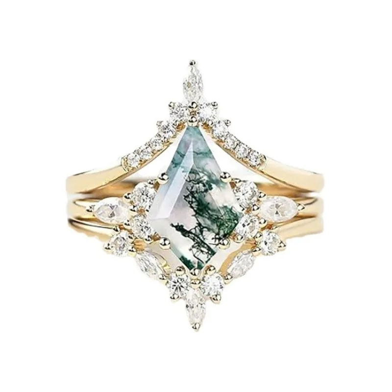 الإبداعية الأخضر حجر الطحلب المرأة خاتم العقيق الطبيعي ثلاث قطع خواتم الخطبة للنساء مجوهرات خاتم الزواج #6