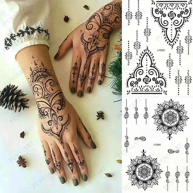 Black Henna Temporary Tattoos for Women Lace Flower Mehndi Sticker for Hand Fake Henna Tattoo Sticker Body Art Hena Tatoo