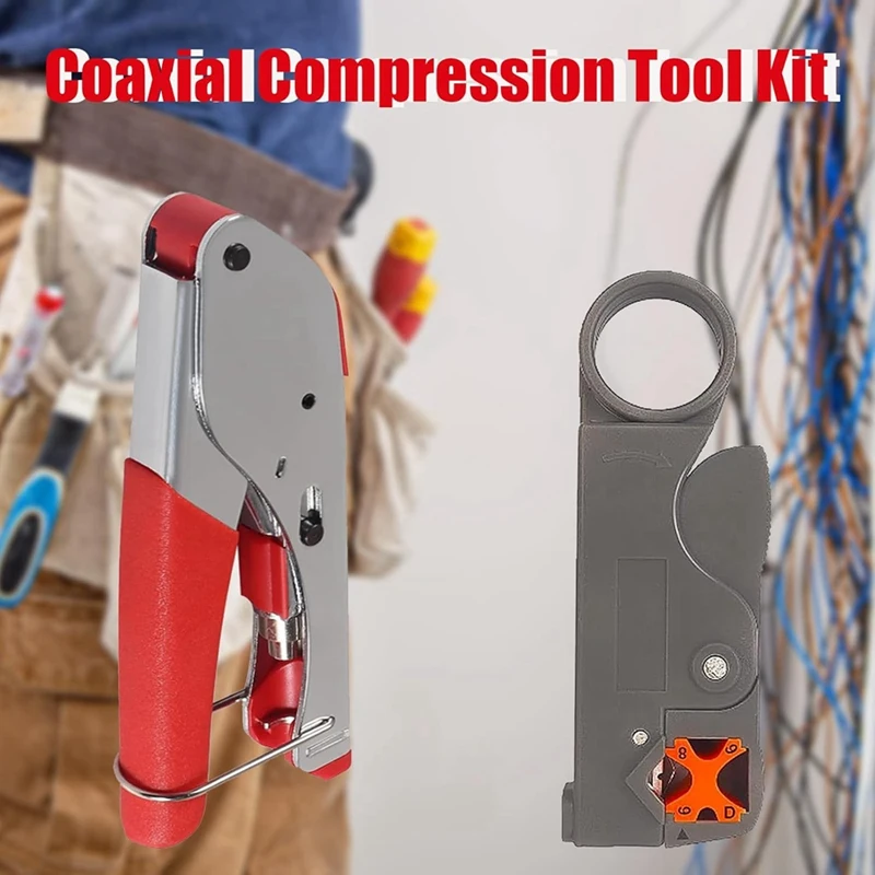 Coax Cable Crimper Tool Kit With 20Pcs F Type RG59 RG6 Compression Connectors Coaxial Cable Stripper