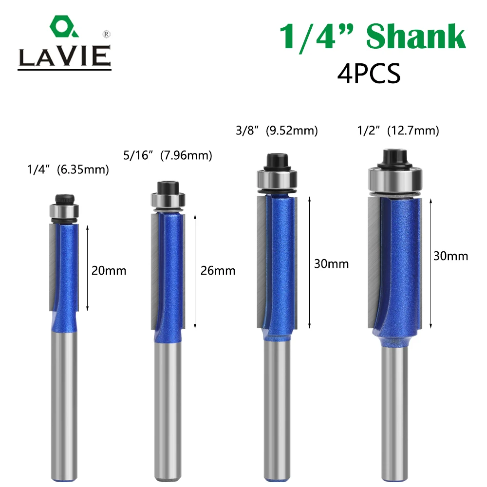 

LAVIE 4pcs 6.35mm shank high-quality Milling Cutter Flush Trim With Bearing Router Bit set for Woodworking