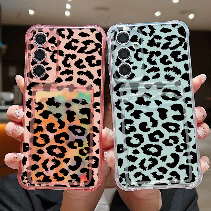 Leopard Print Clear Card Bag Case For Samsung Galaxy S24 S23 FE S22 Ultra A55 A35 A15 A52 A54 A34 A14 A16 5G A06 A05 Soft Cover