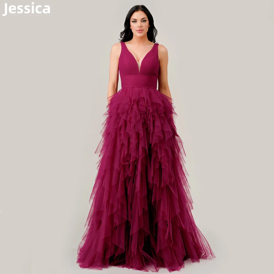 

Jessica V-neck Tulle Ruffles Prom Dresses Luxury Women's Evening Dresses Wedding Dress Formal Party Dresses Robes De Soirée2024