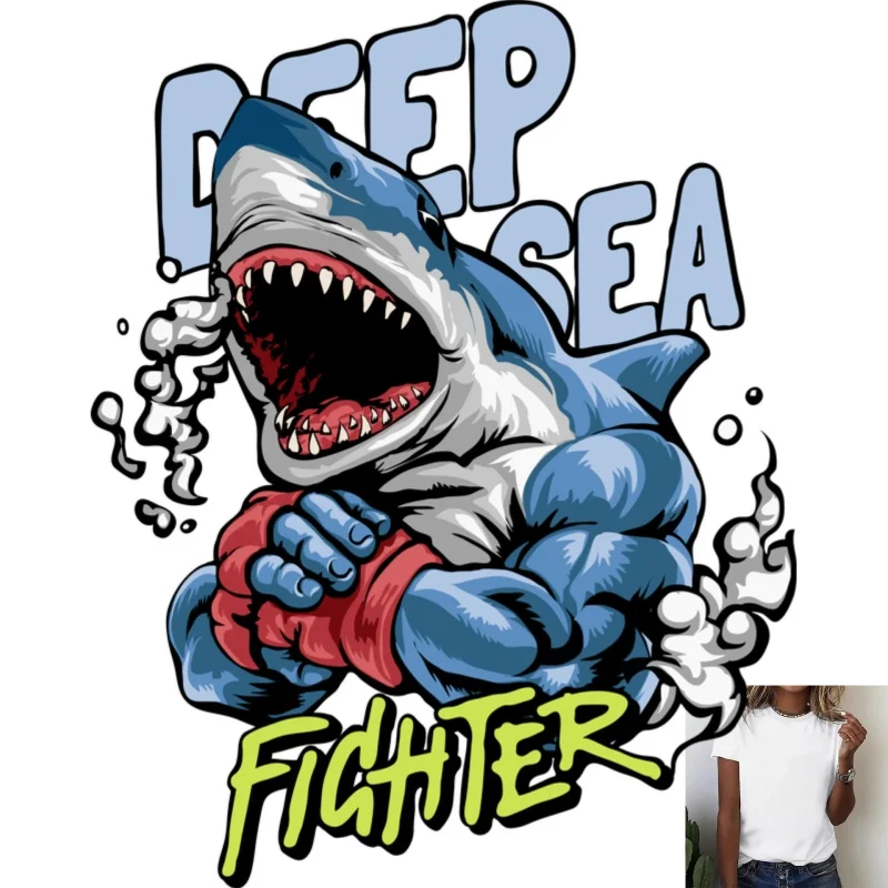 Trendy Cartoon Boxing Shark Heat Transfer White Ink Iron - on Patch, Fun Pattern, Suitable for T - shirts/Canvas Bags, Casual