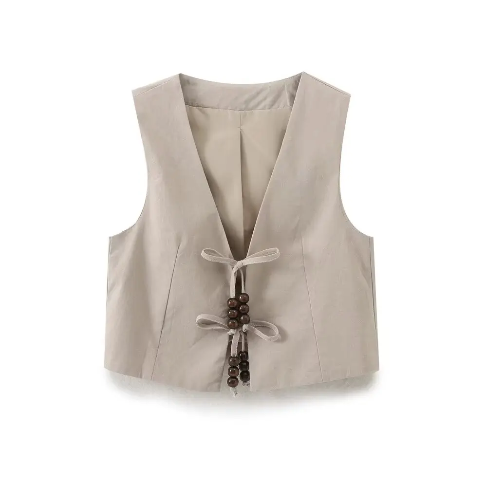 JNLEAOG Modna Kamizelka z Koralikami i Węzłem z Mieszanki Lnu Damska Elegancki Design Jesienna Nowość Włókno Poliestrowe Otwarta ...